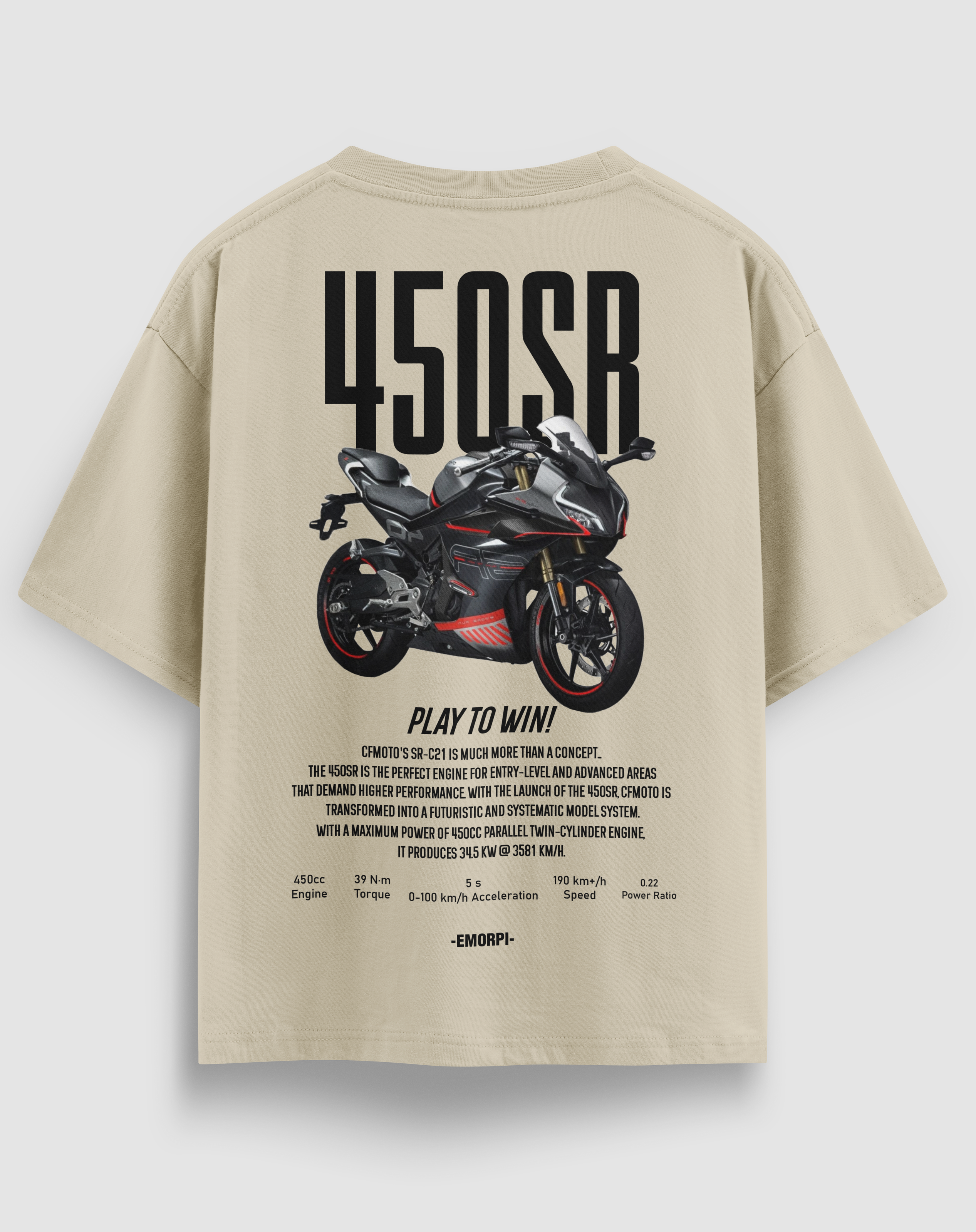 CF-450SR baskılı motorcu tişört, bej, arkadan görünüm. CFMoto 450SR çizimli sırt baskısı